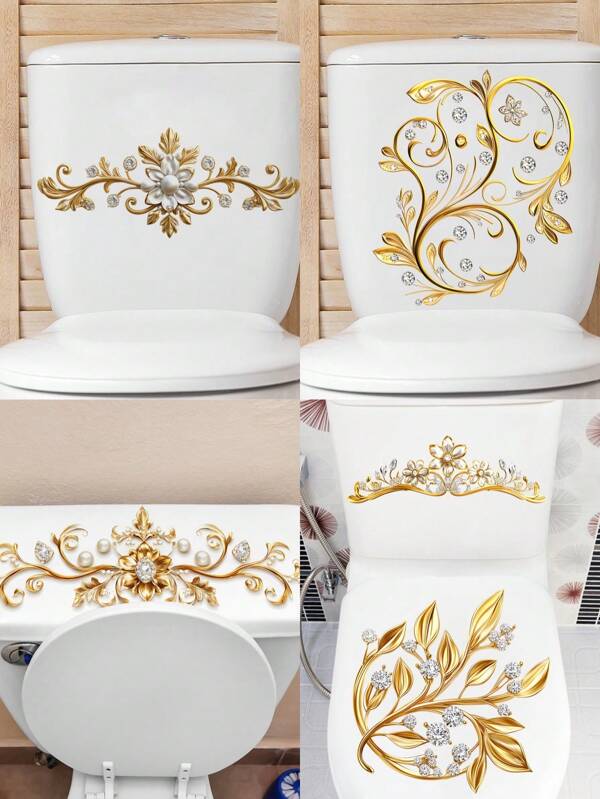 1pc 3D Gold Flower Toilet Lid Sticker, WC Pedestal Pan Cover Decal, Waterproof Mural Art For Bathroom Vinly Wall Decal, Decorative For Bathroom, Bathroom Decor, For Home Indoor Outdoor Bedroom Living Room Bathroom And Office Wall Art Decor