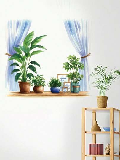 mama look 1 件/2 件植物盆栽装饰、猫背剪影墙贴、花盆支架、海景窗景壁画、卡通墙贴艺术，适用于卧室、客厅、书房、餐厅、浴室装饰，PVC 可移除