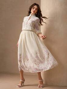 1 套优雅浪漫花卉纽扣装饰长袖衬衫和松紧腰花裙 2 件套女士