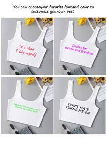 Custom Sports Personalized Gifts, Custom Ladies Short Vest, Add Text (Name/Quotes/Sentence/Holiday/Numbers Etc), Choose Your Favorite Font, The Effect Will Show One Letter One Colour, Design Your Own Personalized Printed Short Vest As A Gift For Your Girlfriends