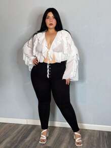 Truni Plus Size Women Spring/Summer Elegant Vacation Outfits Solid Color Ruffle Patchwork Long Sleeve Casual Shirt