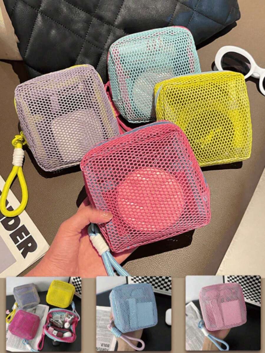 1 Piece Mini Macaron Color Fresh Style High Quality Texture Multi-Functional Mesh Storage Bag (Lanyard Can Be Purchased Separately With Random Colors), Sanitary Napkin Bag Napkin Cosmetic Bag Storage Bag Women's Cosmetic Bag Girls Tampon Storage Bag