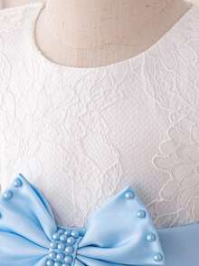 Abito elegante da damigella d'onore per ragazze, in tulle con maniche lunghe in pizzo e fiocco, adatto per la scuola, recital di pianoforte, occasioni formali, non include fascia per capelli - celeste - Visualizzare 6