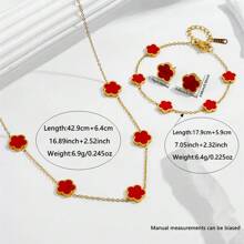 1 Set eleganter 5-Blatt Klee & Pflaumenblüte Edelstahl Halskette, 1 Stück Armband, 1 Paar Ohrringe Schmuckset, geeignet für täglichen Gebrauch oder Partytragen von Frauen, perfektes Geschenk zum Muttertag