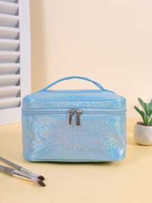1pc Delicate Star Velvet Octagonal Makeup Bag, Portable Handheld Makeup Bag Large Capacity Cosmetic Storage Bag, Shiny Gold Star Design, Suitable For Women