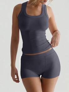 女士两件套跑步运动休闲家居工字背心和紧身短裤套装 - 深灰色 - 查看 5