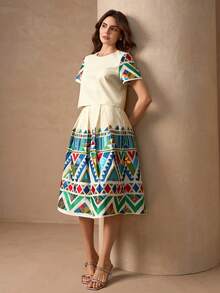 Elegant Charming Cute Jacquard Fabric Two Pieces Set, Ethnical Style Lightweight Luxury Sleeveless Top And Pleated Skirt - Multicolor - View 6