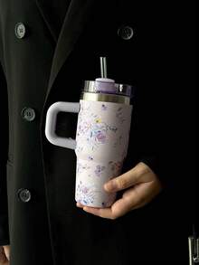 1pc Watercolor Floral Design 40oz-14oz Large Capacity Travel Mug With Handle, Stainless Steel Insulated Cup, Suitable For Car, Travel, School, Office, Outdoor, Gym, Home, Perfect Gift For Women, Teens, Holidays, Birthdays (With Straw)