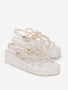 夏季休闲百搭编织带坡跟凉鞋 - 米色 - 查看 3