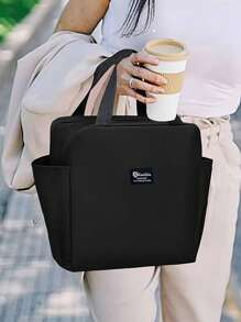 1pc Large Capacity Portable Insulated Lunch Bag, Waterproof Aluminum Foil Tote Bag, Polyester Material, Rectangular Design, Suitable For Travel And Commuting - Black,Back To School