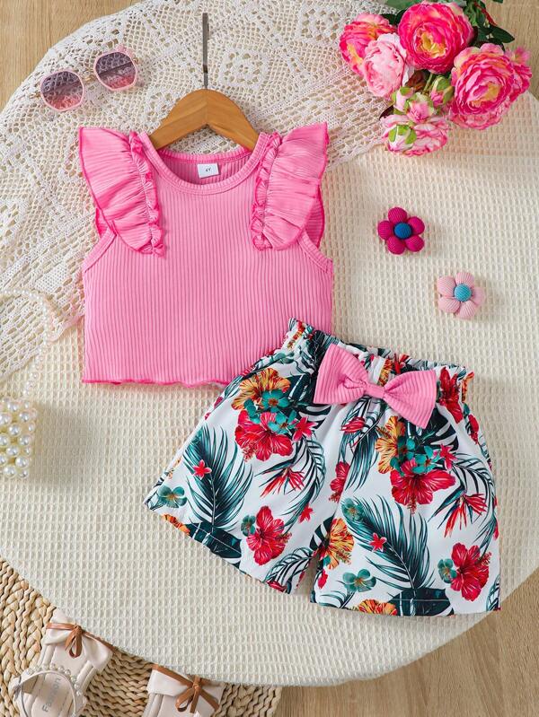Girls' Fashion Summer Vest + Shorts Set, Round Neck Sleeveless Floral Print Top With Bow Shorts, Suitable For Street Style, Daily & Outdoor Wear, 4-7 Years