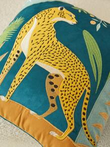 1pc Leopard Floral Embroidery Throw Pillow Cover, Suitable For Living Room, Bedroom, Party, Home Decor, All Season