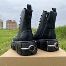 Retro Combat Boots For Women And Men Thick Sole With Zipper Soft Leather Metal Decoration Punk Style Unisex Ankle Boots - 黑色 - 查看 5