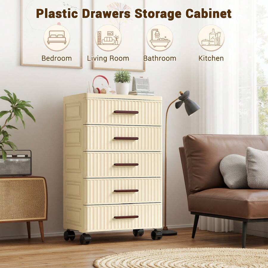 5-Tier Plastic Drawer Storage, 48 Cm Wide Plastic Chest Of Drawers For The Bedroom, Plastic Storage Trolley With Ribbed Design And Wheels, Drawer Tower For The Living Room In The Bedroom - Apricot - View 1