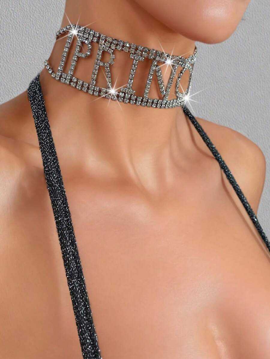 1pc Princess Letter Design Rhinestone Necklace, Fashionable Choker Clavicle Necklace Party Gift
