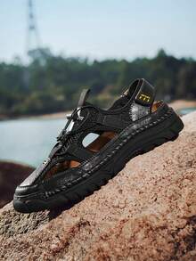 Sandalias cosidas a mano para hombre - Zapatos casuales de punta cerrada, con malla transpirable - Zapatos de senderismo de verano antideslizantes con suelas de goma, malla transpirable y cordón ajustable. Negro, caqui o blanco - Perfectos para aventuras al aire libre casual, zapatos de verano transpirables | Estilo casual tipo pescador | Suelas de goma