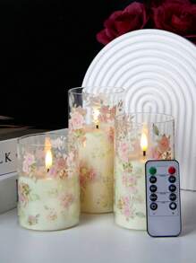 3 pièces Bougies sans flamme roses, bougies à LED clignotantes à piles à thème de l'amour en acrylique avec télécommande, autocollants de fleurs roses, bougies de colonne réalistes, convenant à la chambre, à la décoration d'intérieur, à la décoration de table à manger