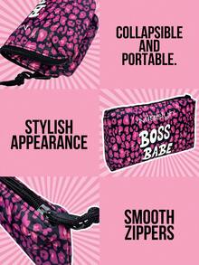 Misslyn Pink Leopard Print Large Capacity Makeup Bag, Convenient To Carry, Fashionable And Charming, Suitable For Various Occasions, Suitable For Travel, Easy To Clean, Multi-Purpose, Fashionable And Foldable Commuter Makeup Bag - Pink - View 2