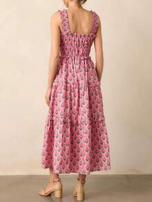 Women Summer Boho Tie Shoulder Dress Y2k Floral Smocked Flowy Long Dress Ruffle Tiered Beach Vocation Sundress - 粉色 - 查看 6