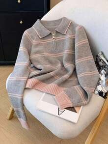 Loose Half Zip Striped Knit Sweater - Grey - View 3