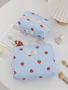 1 Piece Cute Strawberry Pattern Cosmetics Bag Blue Grid Print Toiletry Bag With Quilted Design Fashionable Travel Cosmetics Bag With Ribbon Zipper Large Capacity Makeup Pouch With Handle Portable Square Clutch Bag Casual Make Up Bag Set For Women Multi-Functional Make Up Organizer Bag For Summer Holiday Essentials, Beach Essentials, Bathroom Organizer, Pen Organizer, Makeup Brushes Organizer, Skincare Storage - Blue - View 13