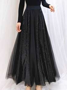 亮片网布拼布 A 字裙 - 黑色 - 查看 7