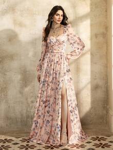 Faeriesty 印花优雅花卉印花长裙，修身紧身胸衣和甜心领口 - 主教袖和深 V 形背部细节，适合花园派对、户外婚礼和春季庆典 - 珊瑚粉 - 查看 4