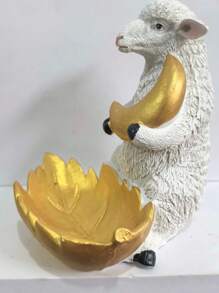 1 pièce Plateau décoratif en résine de style moyen-oriental avec une feuille dorée de mouton étreignant la lune, décoration pour la maison, décoration de l'Aïd al-Adha, rangement de bijoux, article de fête, figurine en résine
