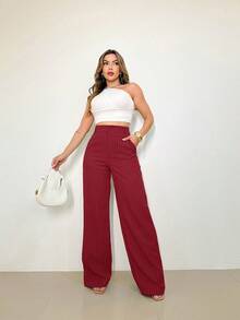 Women's Striped High Waist Wide Leg Trousers, Lightweight, Casual, Formal, Stylish And Elegant - 酒紅色 - 查看 4