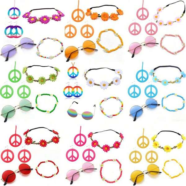 6 Pieces Hippie Accessory Set Includes Peace Sign Bead Necklace, Flower Crown Headband, Hippie Sunglasses Party Costume For Women,For Halloween Party Dressing Up