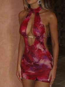 Women's Summer Sexy Backless Spaghetti Strap Pearl Chain Decor Printed Bodycon Mini Deep V Neck Dress, Fashionable For Vacation And Date - Hot Pink - View 1