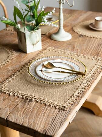 4/6pcs, Boho Chic Jute Placemats - Natural Hemp Woven Dining Mats With Tassels, Vintage-Inspired Square & Round Design For Holiday Table Decor