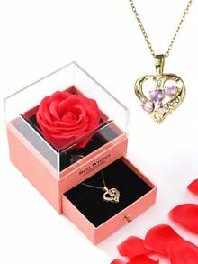 1 Set Artificial Rose Gift Box Necklace, "I Love You" In 100 Languages Necklace, Mother's Day, Valentine's Day Gift For Mom, Wife, Daughter, Grandma, Granddaughter