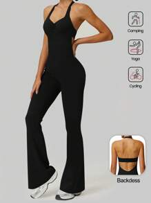 Aaseow 1 pieza Mono sin espalda con cuello de halter y diseño que estrecha la cintura y levanta el trasero para mujer, pantalones deportivos de yoga cómodos y amigables con la piel