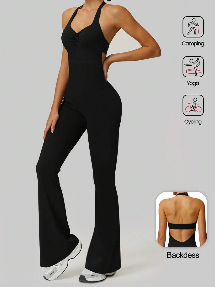 Aaseow 1 pieza Mono sin espalda con cuello de halter y diseño que estrecha la cintura y levanta el trasero para mujer, pantalones deportivos de yoga cómodos y amigables con la piel
