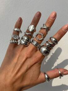 14pcs/Set Minimalist Punk Fashion Multi-Element Asymmetrical Wave Geometric Round Water Drop Rings, Vintage Metal Gold Color Thick Ring Set, Suitable For Women Daily Wear, Holiday Decoration, Party Outfit, Festival Gift