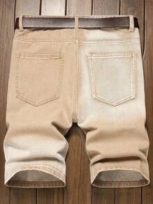 Men's Fashion Distressed Color Block Casual Slim Fit Denim Shorts - Khaki - View 2