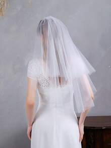 1 chiếc khăn voan cô dâu trơn có lược chải tóc, khăn voan lưới chống trượt tối giản, phụ kiện trang trí tóc thanh lịch, trang phục mùa thu cho phụ nữ - Hai lớp sợi trơn - Xem 2