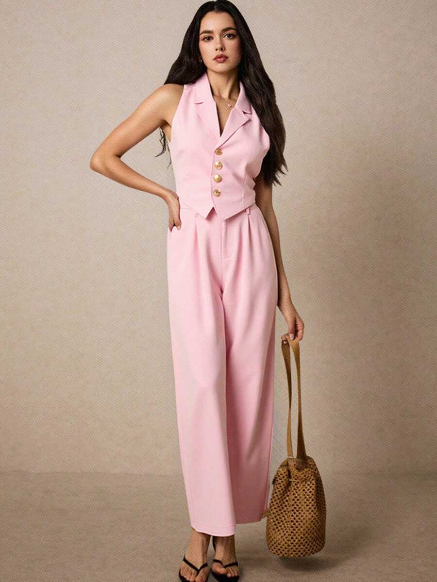 conjunto dama de camisa manga corta con cinturon y pantalones rectos  Liso    Elegante    Botón delantero  Bolsillo  Botón - Rosa - Ver 1