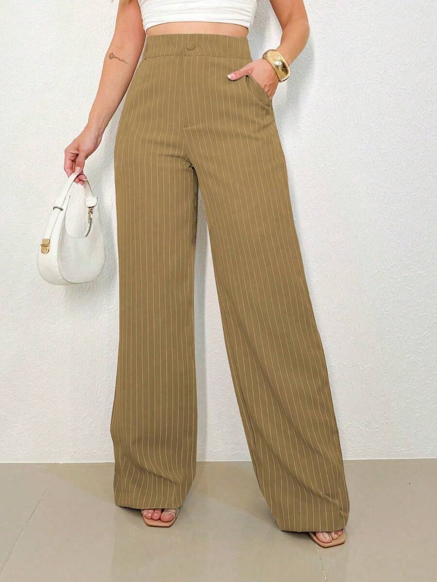 Women's Striped High Waist Wide Leg Trousers, Lightweight, Casual, Formal, Stylish And Elegant - 棕色 - 查看 1