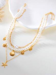 3pcs Beach Style Pearl, Sea Star & Shell Necklace Sets, Suitable For Women As Holiday Accessories, Dates, Gifts, Festivals - Multicolor - View 5