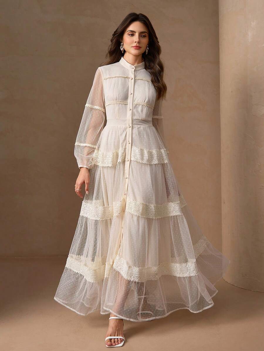 Elegant Multi-Layer Lace Patchwork Open Front Long Sleeve Women Cocktail Dress - Apricot - View 1