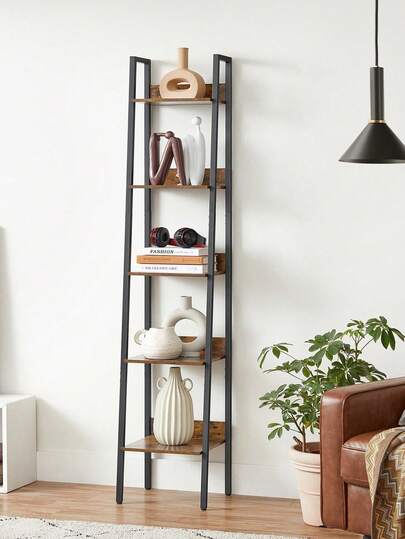 Ladder Shelf, 5-Tier Narrow Shelf, Bookshelf For Home Office, Living Room, Bedroom, Kitchen, Industrial, Rustic Brown And Black