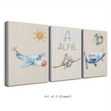 Customized Canvas Posters - Personalize Vintage Airplane Nursery Prints, Personalised Boy Gift, Neutral Nursery Wall Art, Set Of 3 Prints, Playroom Decor, Boys Bedroom Outdoor Decoration,Customized Name, Modern Wall Art, Customized Canvas Wall Art