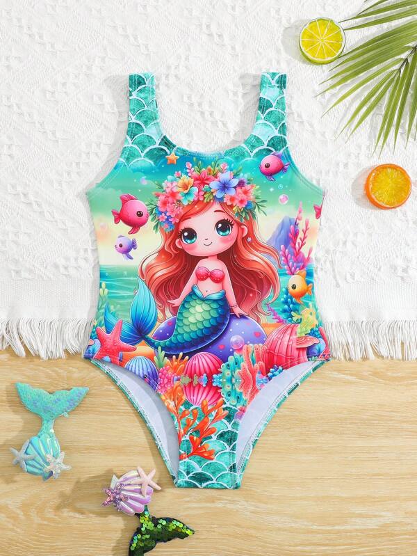 Traje de baño de una pieza con tirantes estampado de sirena de dibujos animados para niña