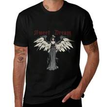 Camisetas nuevas y populares del verano 2025 - Ilustración estilizada de un ángel con alas y un halo, acompañada de un texto que dice: Ángel. Mejor bruce a mi lado que como uno en el cielo - Negro - Ver 1