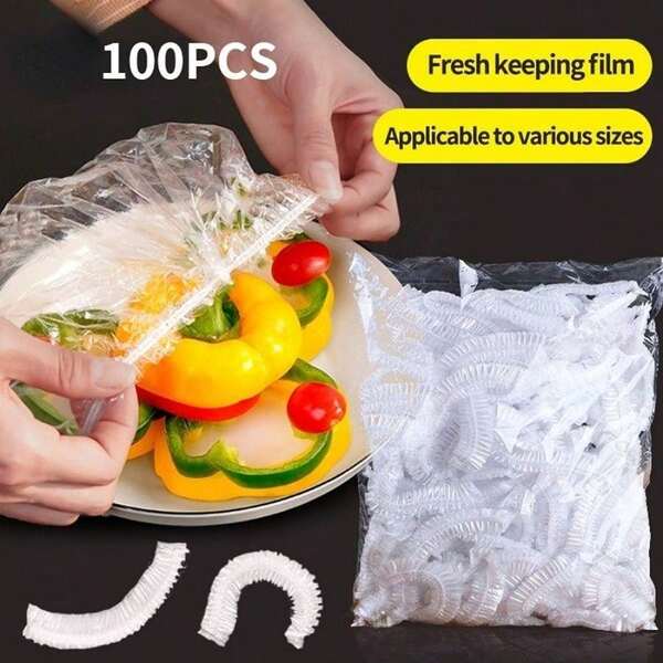 Set de 100 bolsas reutilizables con cierre plástico ajustable para almacenamiento de alimentos, aptas para uso al aire libre, picnics, hoteles, restos de comida y envasado de frutas. También se pueden usar como gorros de ducha transparentes para salones de belleza y restaurantes.