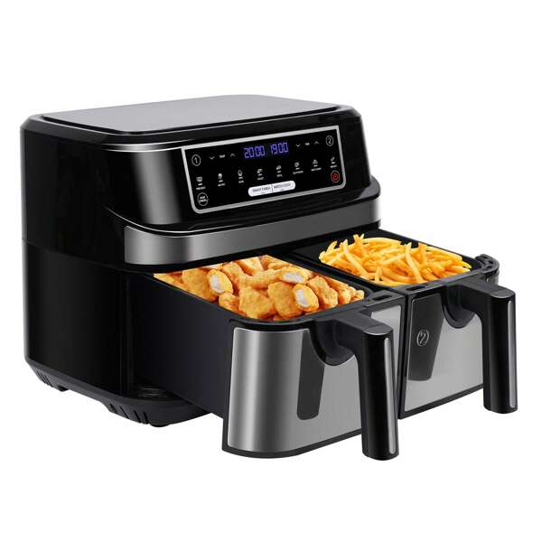 Emphsism Friggitrice ad aria calda a doppia camera da 9 litri, friggitrice ad aria calda XXL con 2 cassetti indipendenti da 4,5 l, 8 programmi automatici, friggitrice ad aria con touchscreen LED, funzioni Smart Finish e Match Cook