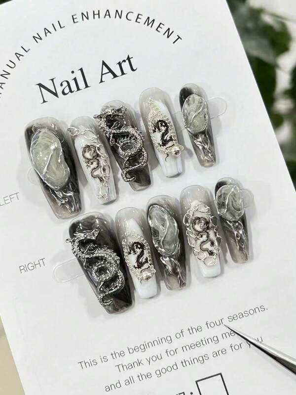 This 10-Piece Set Of Chinese-Style Dark, Sweet And Cool Hot Girl Nail Art Features A Long, Coffin-Shaped, Embossed And Gilded Silver Metal Black And White Dragon. It Is A Chain Of Light Luxury And Elegant, Whitening And High-End Wearing Armor.