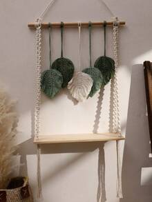 1 件手工编织 Macrame 挂架，带叶状流苏 - 波西米亚风格壁挂收纳整理器，适用于家居装饰、卧室或客厅 - 装饰性木质架子，用于展示和储存